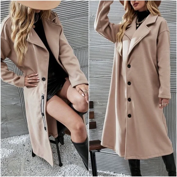 Cozy Tan Button up Trench Coat Jacket Winter Oversized - Picture 3 of 3